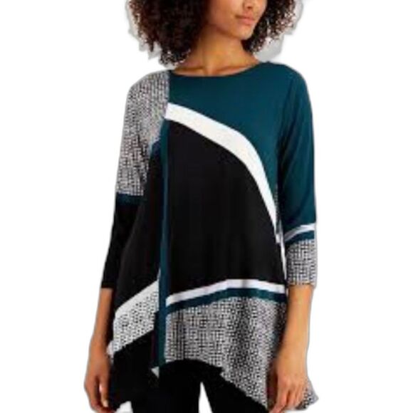 Alfani Abstract-Print Swing Top Green Black White 3/4 Sleeve Size Small - Picture 1 of 8